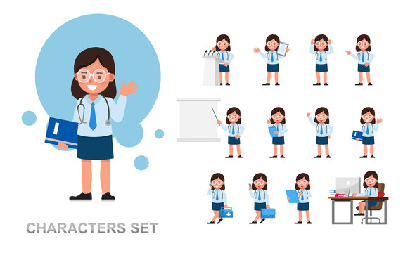 Set of girl kid doctor working character vector design. Presentation in various action with emotions, running, standing and walking.