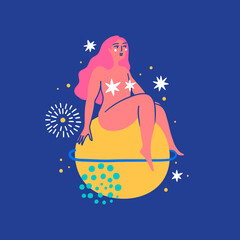 Vector illustration with girl in the space isolated on blue background. The concept of dreams, making wishes, esoteric. Vector illustration