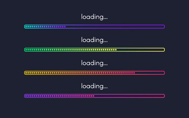 Loading bar set. Progress icons visualization. Loading status collection. Color bright lines. Gradient web design elements on dark backdrop. Vector illustration
