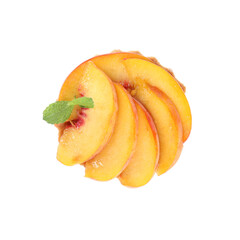 Fototapeta na wymiar Delicious dessert with peach slices isolated on white, top view