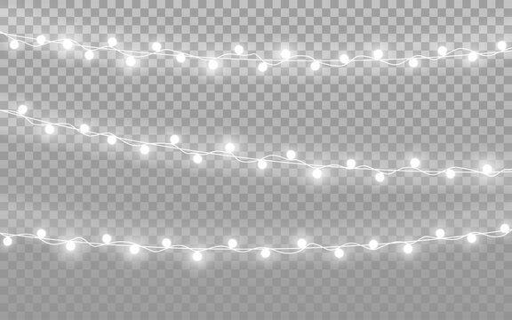 Christmas lights on transparent backdrop. Realistic silver garlands. Luminous light bulbs for greeting card or poster. Bright glowing elements. Vector illustration