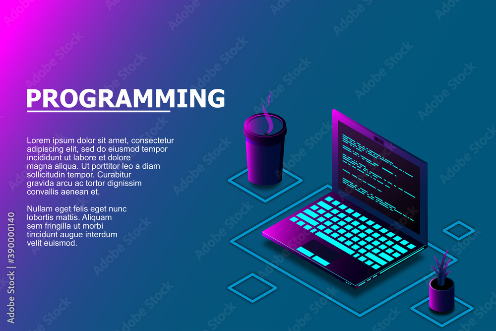 Fototapete Programming or Software development web page template. Vector illustration with laptop isometric view and program code on screen. Programming concept. vector illustration