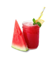Delicious fresh watermelon drink with fresh fruit on white background