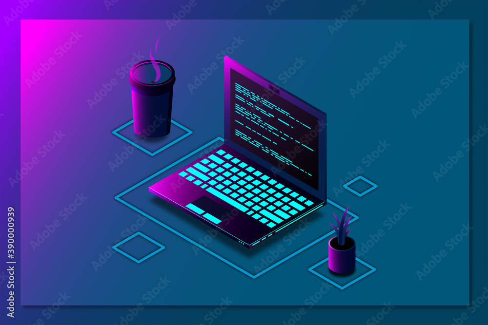 Fototapete Programming or Software development web page template. Vector illustration with laptop isometric view and program code on screen. Programming concept. vector illustration