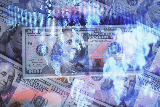 Multi exposure of forex chart drawing over us dollars bill background. Concept of financial success markets. © peshkova