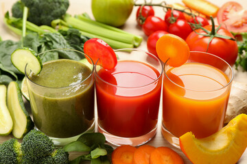 Delicious vegetable juices and fresh ingredients on wooden table
