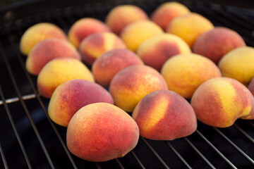 Modern grill with tasty juicy peaches, closeup