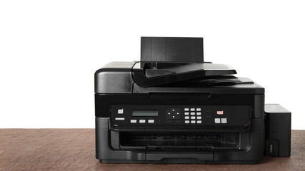 New modern multifunction printer on brown table