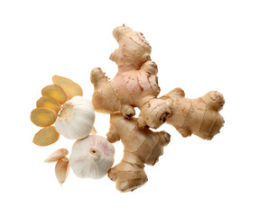 Ginger and fresh garlic on white background, top view. Natural cold remedies