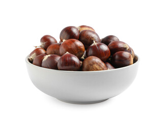 Fresh sweet edible chestnuts in bowl on white background