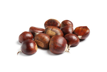 Fresh sweet edible chestnuts on white background