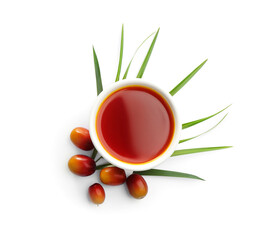 Palm oil in bowl, tropical leaf and fruits isolated on white, top view © New Africa
