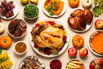 Traditional Thanksgiving day feast with delicious cooked turkey and other seasonal dishes served on...