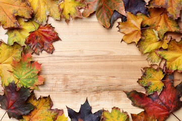 Naklejka na ściany i meble Frame made of autumn leaves on wooden background, top view. Space for text