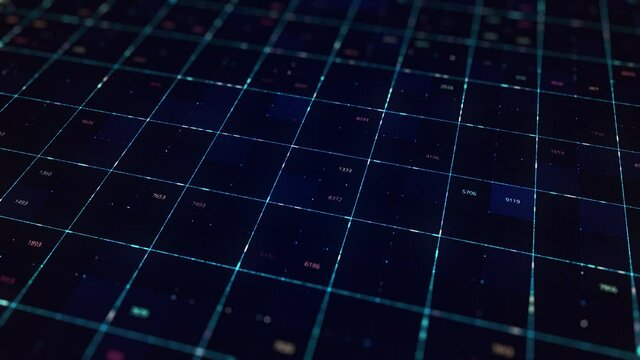 Stock market data rolling and processing over a grid. Animation. Global economy stock market concept, digital composition with business information, seamless loop.