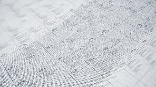Abstract white and grey cells with numbers flowing slowly. Animation. Lots of changing data in a table with three-digit and four-digit numbers.
