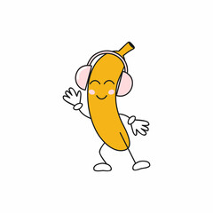 Funny smiley banana in headphones dancing to the music. Fruit emoticons with different emotions. Rest and relaxation. Children's cartoon illustration.
