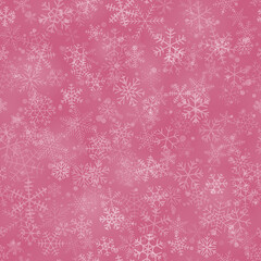 Christmas seamless pattern of snowflakes of different shapes, sizes and transparency, on pink background