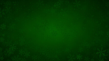 Christmas background of snowflakes of different shapes, sizes and transparency in dark green colors
