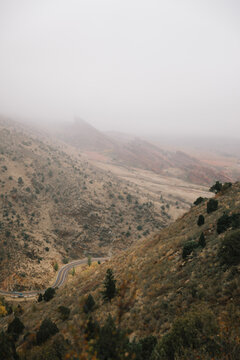 Red Rocks Amphitheater in the distance on a foggy day