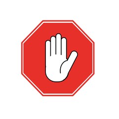 Red road stop sign with a hand symbol. Modern, flat, style, design.