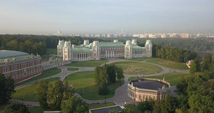 4K high quality sunny spring day aerial video footage of famous Moscow Tsaritsyno Estate built during rein of Czarina Katherine 2 The Great with panorama of green park in the capital of Russia