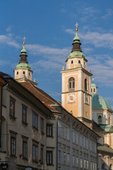 Traditional Eastern European architecture, tower buildings in Ljubljana city street