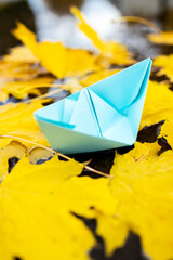 paper boat on a water surface decorated yellow fallen maple leaves. autumn season concept