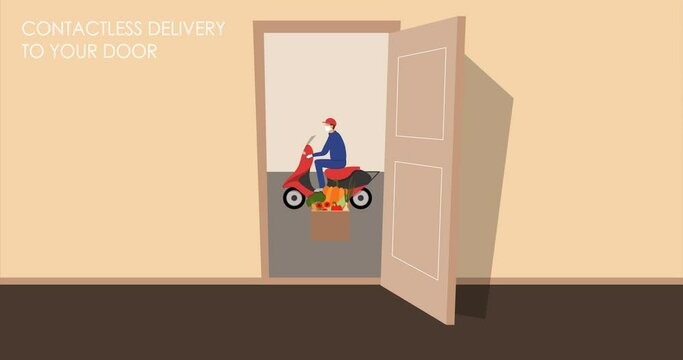 Delivery Food Service. Courier in a medical mask and gloves on a scooter. Safe delivery. Fast contactless delivery to your door. Looped 4k animation