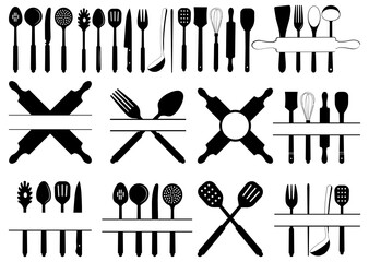 Spoon, Spoon bundile, utensils bundile svg, Kitchen svg, Kitchen Monogram svg, Cooking svg, Rolling Pin, Cut file, for silhouette, Set of Cutlery silhouette collections
