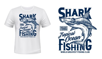 T-shirt print with hammer head shark, vector mascot for fishing or diving club, sketch sea predator animal and blue typography on white apparel template. Ocean adventure team, shark t-shirt mockup