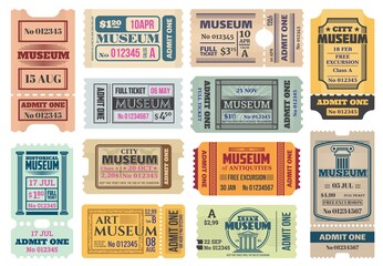 Museum retro tickets, admits templates. Vector coupons exhibition access with date, time, seat and row number, price and separation line. Vintage paper cards set for art, antiques city museum entry
