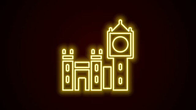 Glowing neon line Big Ben tower icon isolated on black background. Symbol of London and United Kingdom. 4K Video motion graphic animation