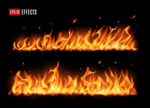 Long burning fire tongues, realistic vector flame with particles, flying sparks and embers. 3d fire design elements, burning blaze effect, glowing shining flare border isolated on black background