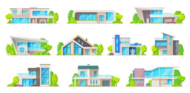 Houses, villas, bungalow apartments, real estate buildings vector icons. Cartoon residential homes, cottages exterior facades, family houses architecture, modern mansion urban property set