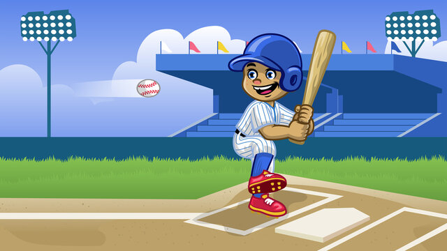 cartoon baseball player playing in the stadium