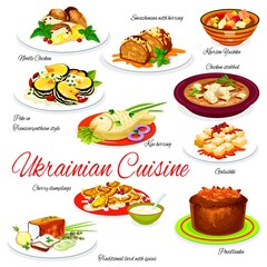 Ukraine food menu vector noodle chicken, smazhenina with herring and kherson yushka, kiev herring, galushki with cherry dumplings. Povidlanka and traditional lard with spices. Ukrainian cuisine dishes