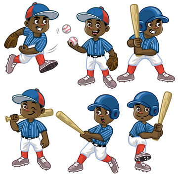 set cartoon of black boy baseball player