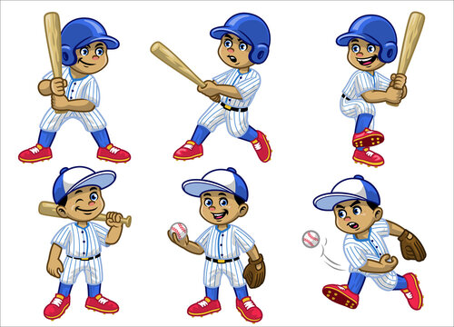 set cartoon of white boy baseball player