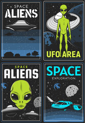 Retro posters with alien and ufo area, vector extraterrestrial comer with green skin and huge eyes. Space exploration card with shuttle in outer cosmos with stars and planets, saucers in starry sky © Vector Tradition