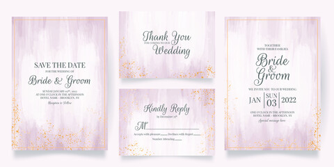 wedding invitation card template set with abstract watercolor background and tropical leaves