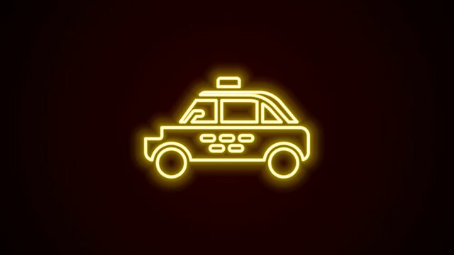 Glowing neon line Taxi car icon isolated on black background. 4K Video motion graphic animation
