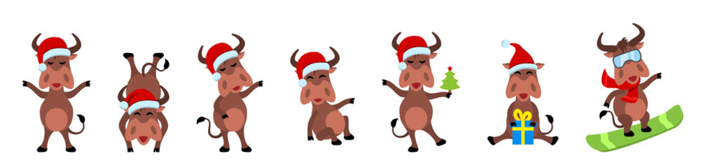 Set Funny Oxen, Christmas Bulls, Cheerful Cartoons in Santa Hats