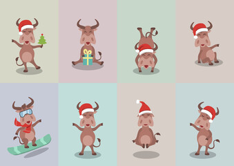 Set Cheerful Oxen, Christmas Bulls, Happy Cartoons in Santa Hats