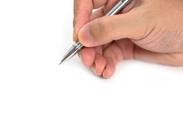 Holding a pen on a white background