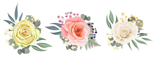 Set of flower arrangements. White, beige and pink roses. Green plants and small flowers. Flowers on a white background.