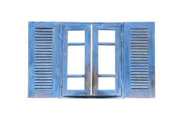 Old wooden blue window vintage isolated on white.