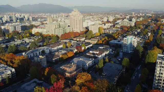 Aerial view of Vancouver hospital area during a fall with bright colourful trees