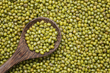 Fresh seed green beans in wooden spoon.