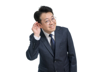White background and gestures of an Asian middle-aged businessman.